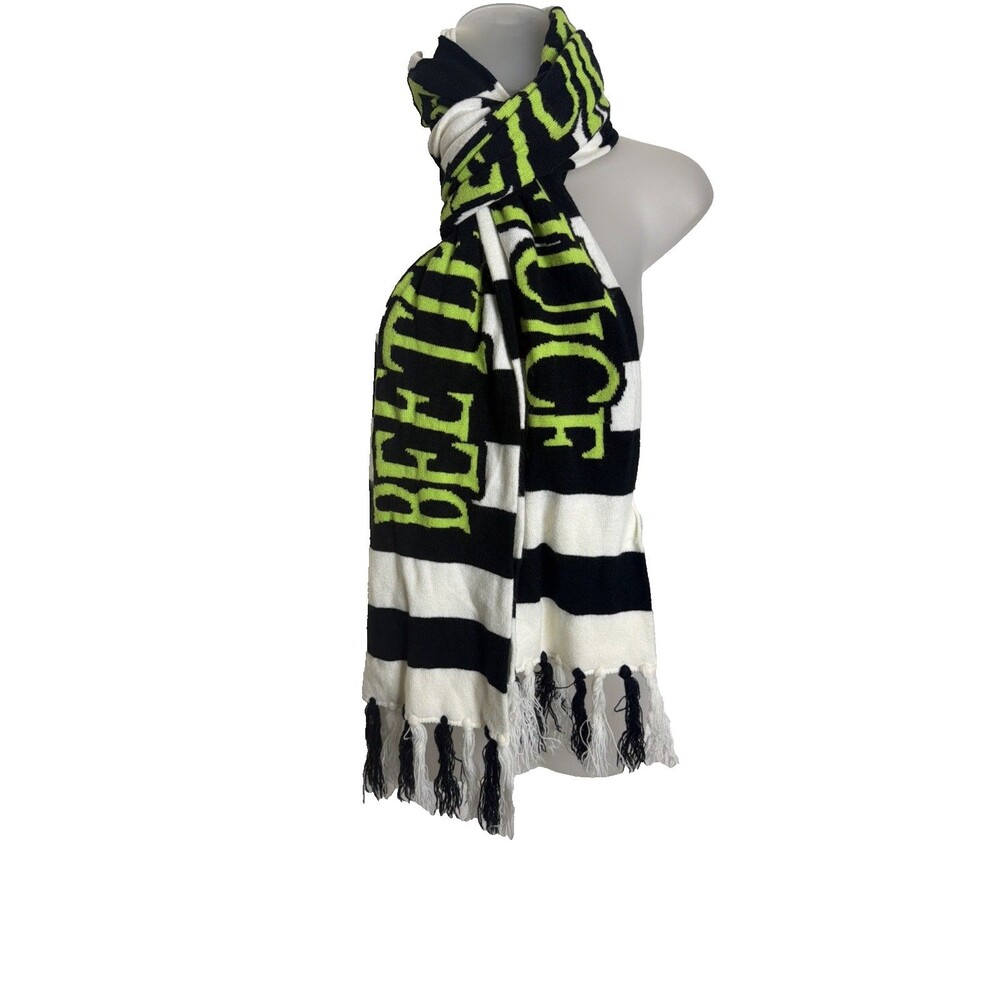 Tim Burton's Beetlejuice Scarf  Vintage 78”x8” Striped Tassels White Black Green